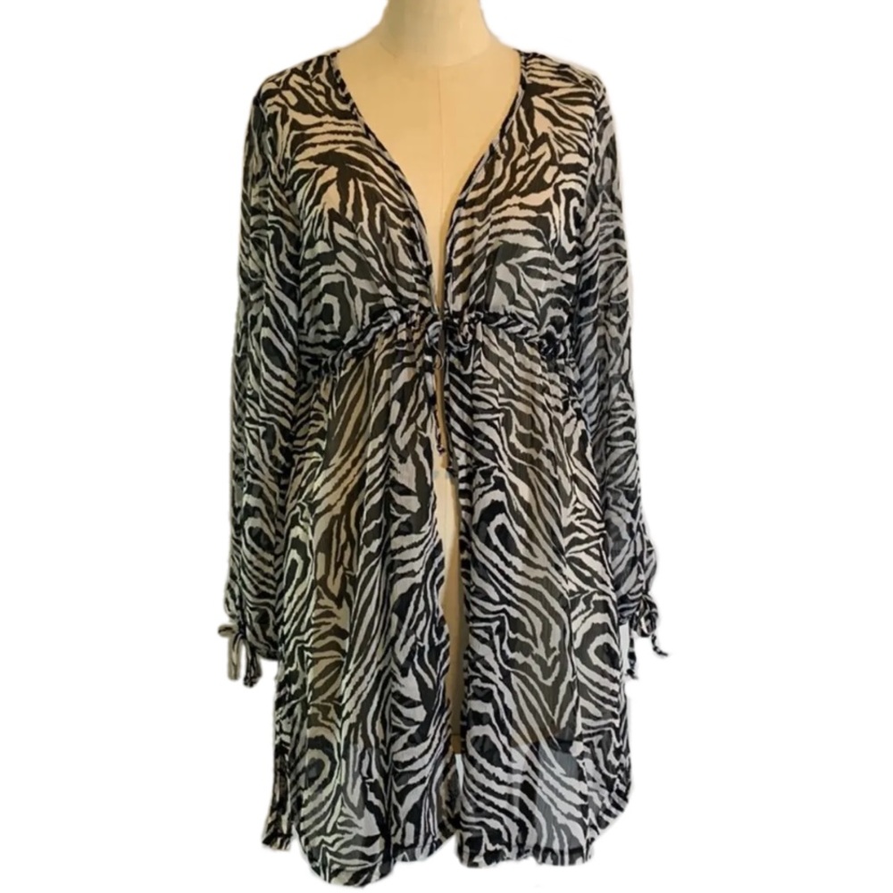 DONNA Black and White zebra striped beach coverup w/ drawstring  waist. Med
